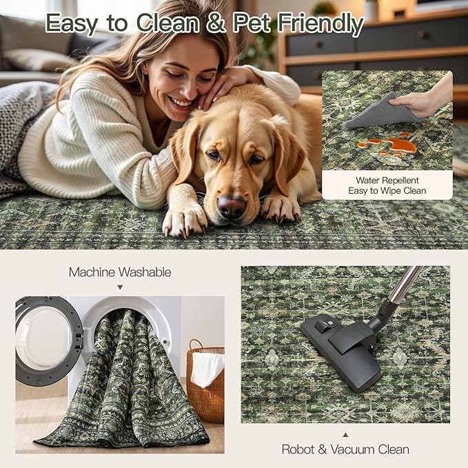 Lofus 6x9 Area Rug for Living Room,Green Washable Area Rugs with Non-Slip Backing,Soft Boho Carpets for Bedroom Dining Room Home Office Indoor Nursery