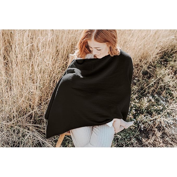 Konssy Muslin Nursing Cover for Breastfeeding, 360° Full Privacy Breathable 100% Cotton Breastfeeding Cover, Multi-use Carseat Canopy(Black)