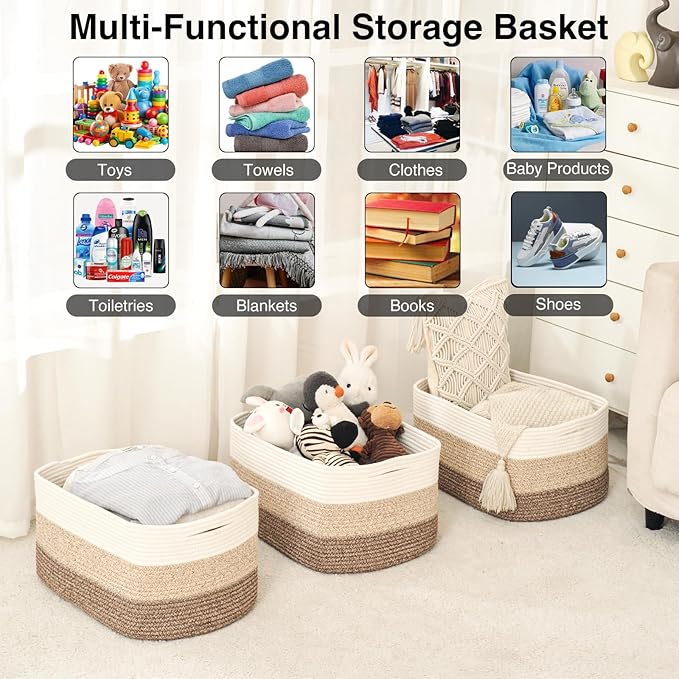 Large Storage Baskets for Organizing Shelves, Woven Cotton Rope Bins for Baby Nursery Organization, Book Toy Towel Organizer, 17"x13"x9.5", 3 Packs, Gradient Brown