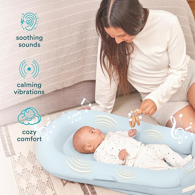 MyBaby 3-in-1 Calming Baby Cushion, Soothing Comfort for Newborns & Infants, Snuggling Sensation, Sound and Vibration, Designed for Safety, Rechargeable & Machine-Washable, by Homedics, Blue