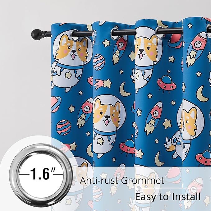 Kids Blackout Curtains - Space Dog Design, 100% Blackout, 2 Panels, Each W52×L84, Thermal Insulated, Noise Reducing & Energy Efficient for Kids Bedroom, Turn your child’s room into a fun adventure