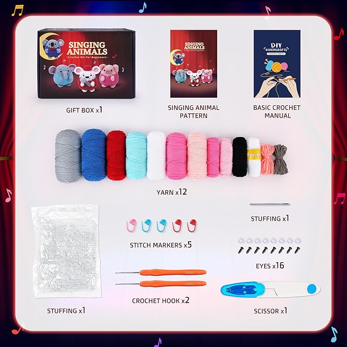 Crochet Kit for Beginners - 4 PCS Crochet Starter Kit with Step-by-Step Video Tutorials, for Adults Kids - Elephant Mouse Pig Koala Microphone Crocheting Set