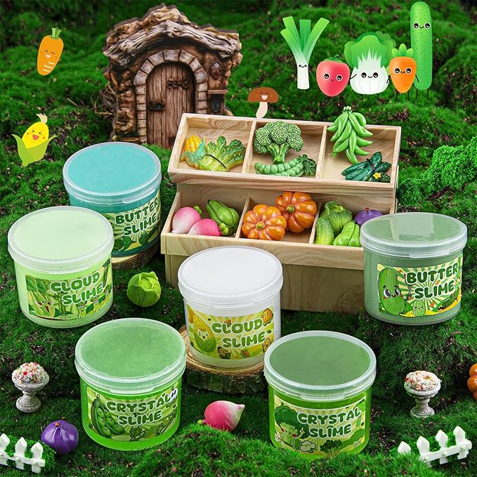 6 Packs Gradient Green Slime Kit - Cloud Butter Clear Slime, Crunchy Slimes for Kids with Various Slime Add-ins, Non Sticky Slimes Party Favors for Girls and Boys