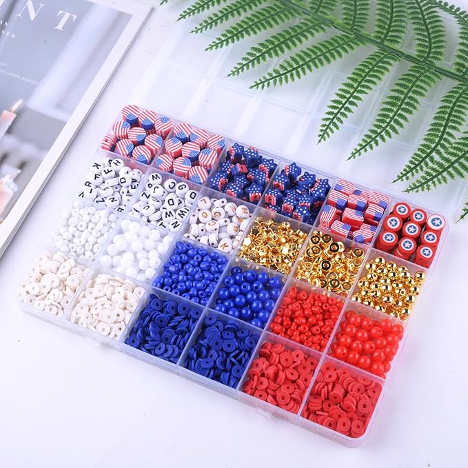 2480pcs President's Independence Day Polymer Clay Beads Charms Friendship Bracelet Necklace Earring Jewelry Making kit, Accessories for Arts Crafts DIY Birthday Gifts for Girls Children American Flag