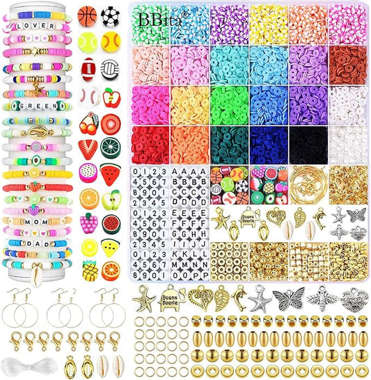 BBita 6680Pcs Clay Beads Bracelet Making Kit, Flat Preppy Beads for Friendship Bracelets, Polymer Clay Beads with Charms for Jewelry Earrings Necklaces Making Kit, Crafts Gifts for Girls Ages 6-12