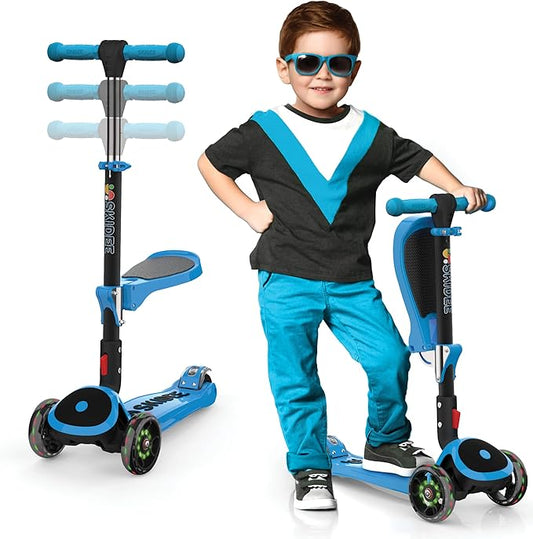 SKIDEE Kick Scooters for Kids Ages 3-5, Adjustable Height Foldable Scooter with Removable Seat, 3 LED Light Wheels, Rear Brake, Wide Standing Board, Suitable Up to 12 Year Old Boys/Girls