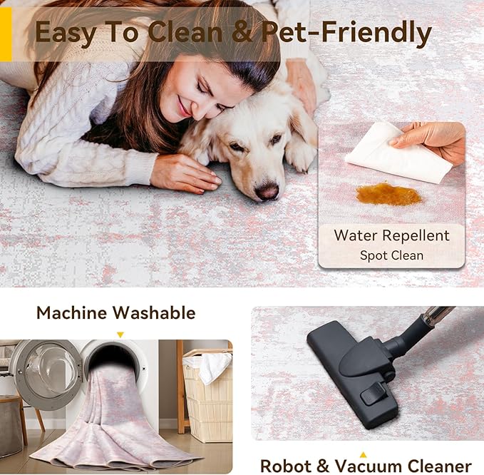 Washable Area Rugs 5'x7' Non-Slip Modern Abstract Soft for Living Room Entryway Bedroom Nursery, Print Pattern, Grey Pink