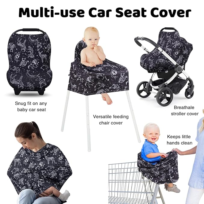 Rquite All-in-1 Car Seat Cover Baby, Carseat Covers for Girl Boy, Stretchy Soft Infant Car Seat Cover, Multi-use Baby Carrier Cover, Car Seat Canopy, Stroller Sun Shade, Nursing Breastfeeding Cover