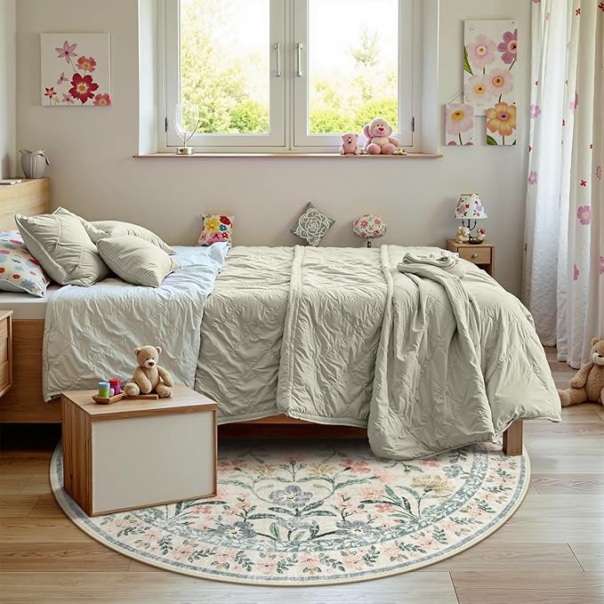 Wonnitar Round Washable Rug, Soft Floral Round Rugs 5ft Circle Carpets for Bedroom Ultra-Thin, Boho Beige Print Distressed Circular Carpet for Living Room Dorm Bedside