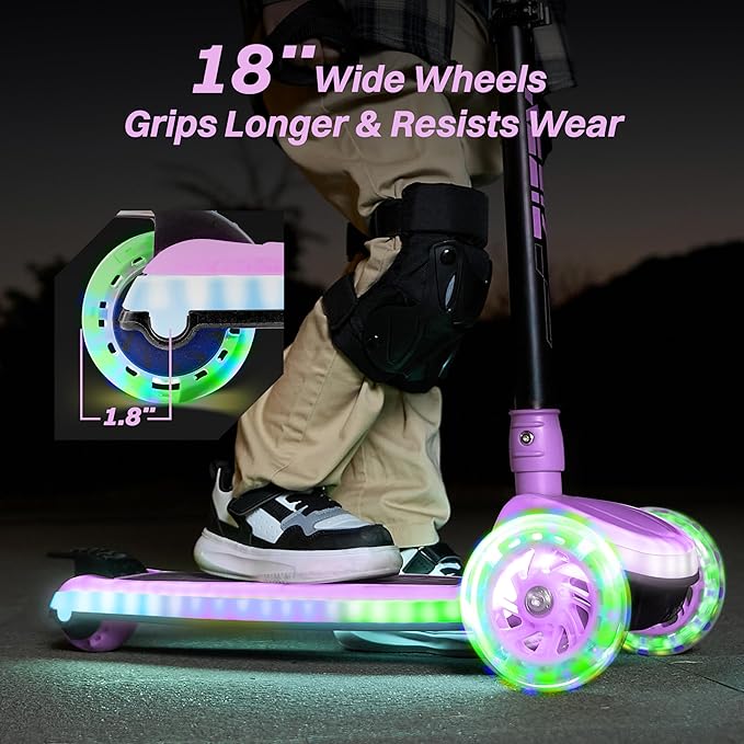 ZIFFY 3-Wheel Light-Up Kids Scooter, Kids Balance Scooter for Boys Girls with 20 Dynamic LED Lights, 4 Adjustable Height, Lean-to-Steer Design with Anti-Slip Wide Surface for Stability - Up to 110LBS