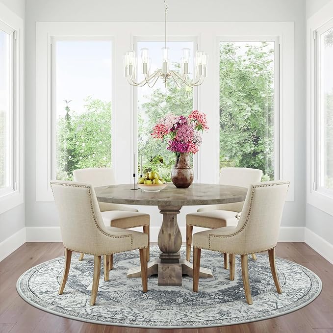 Lahome Boho Round Rugs - 6ft Washable Round Area Rugs for Living Room Grey Non-Slip Throw Dining Room Rug Large Circle Bedroom Rug, Oriental Distressed Print Indoor Rug Round for Entryway Office