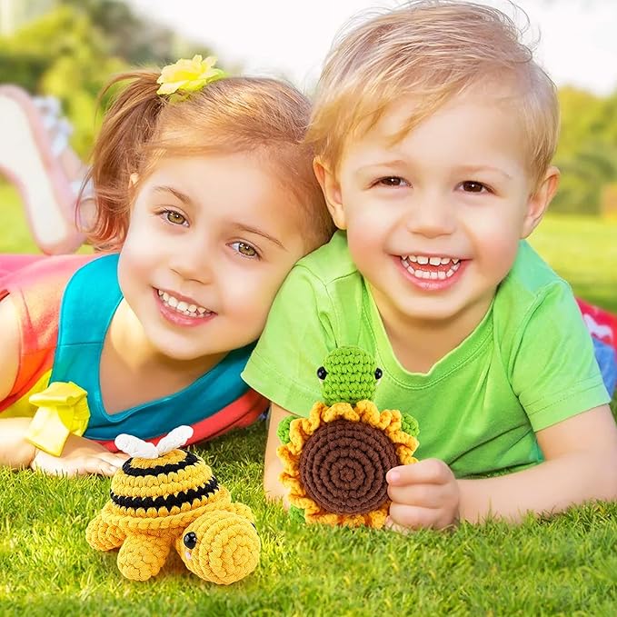 Crochet Kit for Beginners, Crochet Animal Kit with Step-by-Step Video Tutorials, 2PCS Bee and Sunflower Turtles Crocheting Kit for Adults Kids, Easy Yarn for Starter, Stuffed Animal Knitting Kit