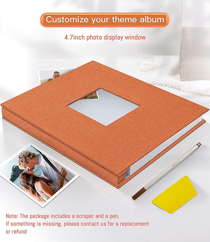 popotop Photo Album Self Adhesive with Picture Display Window,60 Pages DIY Scrapbooking Supplies Kit for 4x6 10x12 Picture,Linen Cover Memory Book for Baby Wedding, with Scraper and Metallic Pen