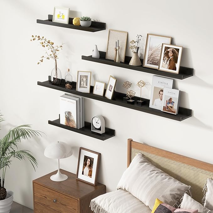 Picture Ledge Shelf for Wall, 16 inch Solid Pine Wood Nursery Book Shelves 2 Packs, Floating Ledge Shelves for Kids' Room Bedroom Bathroom Living Room Photo Frames Office Nursey Wall Decor, Black