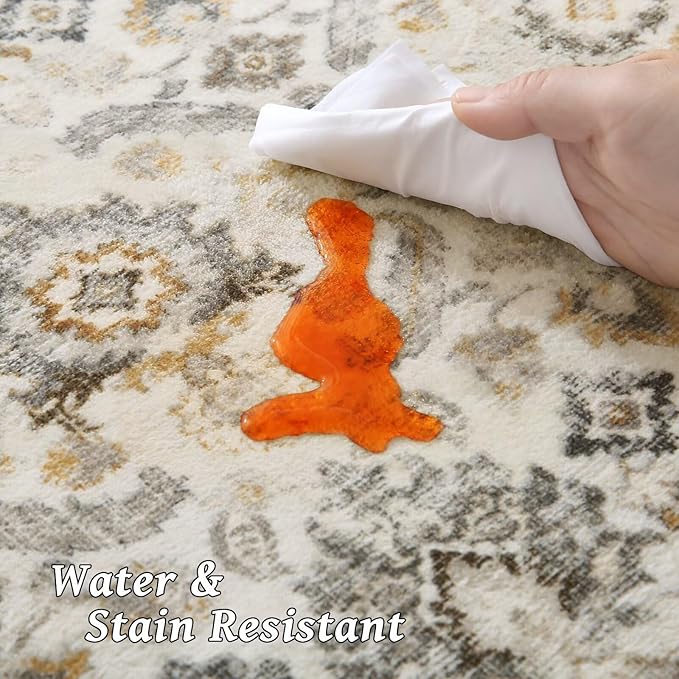 Washable 3x5 Entryway Rug Indoor, Boho Non-Slip Silicone Backing Small Rugs for Kitchen Nursery Office Bedroom, 0.3" Neutral Oriental Throw Carpet with 0.16" Cushioning Pad, Grey/Multi