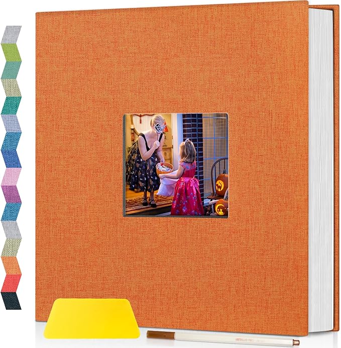 popotop Photo Album Self Adhesive with Picture Display Window,60 Pages DIY Scrapbooking Supplies Kit for 4x6 10x12 Picture,Linen Cover Memory Book for Baby Wedding, with Scraper and Metallic Pen