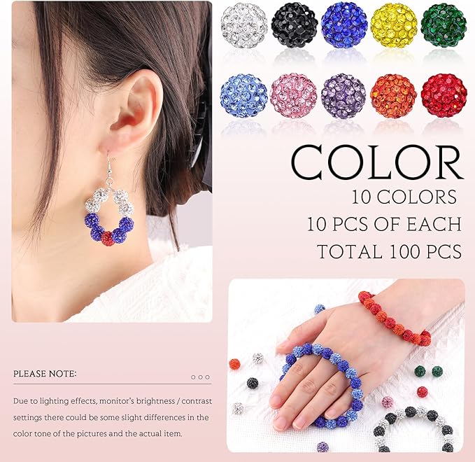 100 Pcs 10 Mixed Colors Rhinestone Beads for Jewelry Making, Sparkle Crystal Clay Christmas for Bracelet Baseball Necklace Earring Crafting and DIY, Shiny Round Shamballa Disco Ball Beads