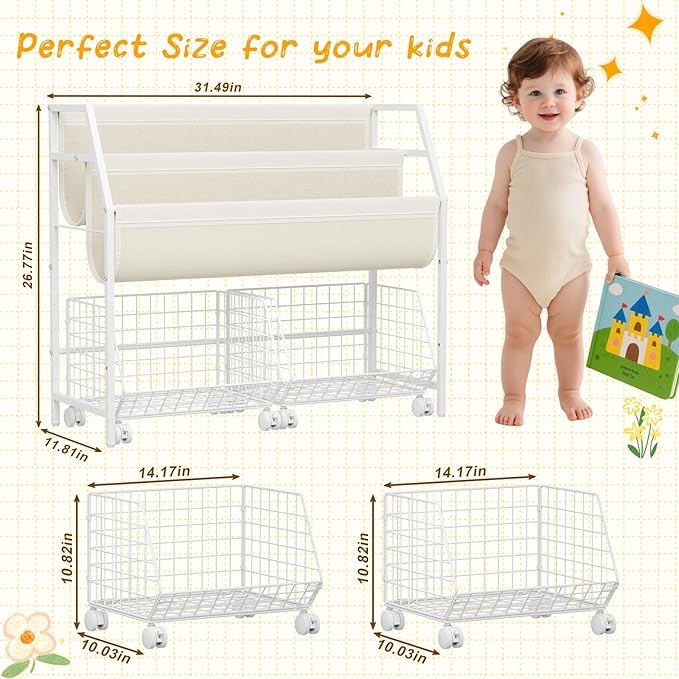 Kids Bookshelf and Toy Storage with 2 Rolling Baskets – Toddler Bookshelf, Montessori Children's Booksheves for Nursery, Small Book Shelf for Kids Rooms, Playroom Organization and Storage