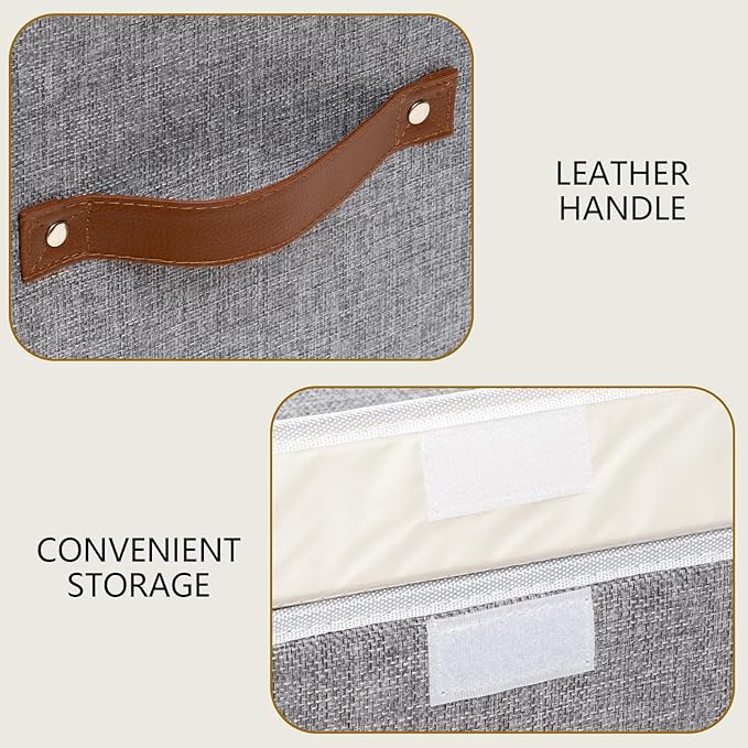 Yawinhe Storage Bins with Lids, Closet Baskets, Washable and Leather Handle, Collapsible Boxes for Home, Grey, 17.7''Lx11.8''Wx11.8''H, 5-Pack, USNK024GX-5