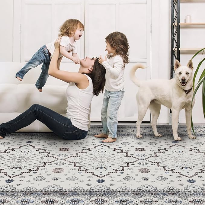 Washable Area Rugs 8x10, Large Rugs for Living Room, Carpet for Bedroom, Soft Faux Wool Retro Dining Room Rug, Non-Slip Backing Resistant Low Pile Vintage Print Rug for Home Office (White Cream/Gray)