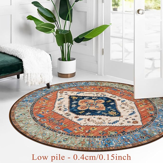 Lahome Boho Washable 5Ft Round Area Rug, Non-Slip Throw Untra-Thin Round Carpet, Oriental Vintage Distressed Circle Rug for Dining Living Room Bedroom Kitchen Office, 5x5/Rust