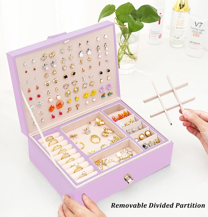 Girls Jewelry Box Earring Holder Organizer for Girls Earring Organizer Teen Jewelry Box Organizer for Girls Purple jewelry Boxes for Earrings Necklaces Rings Stud Earrings Box Organizers Teens