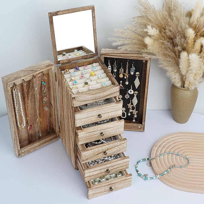 Meangood Jewelry Box Wood for Women, 6-Layer Large Organizer Box with Mirror & 5 Drawers for Rings, Earrings, Necklaces, Vintage Style, Carbonized Black
