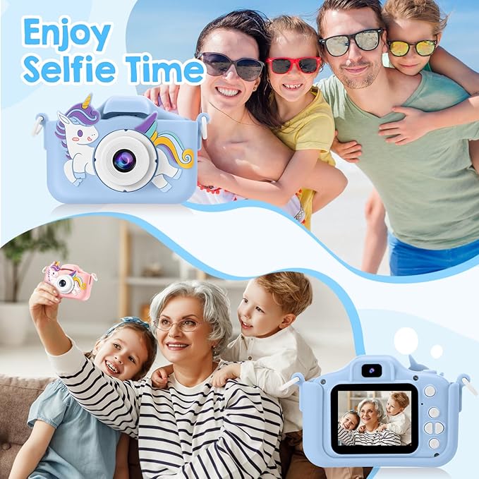 Kids Camera, Toys for Toddlers Age 3-8 Year Old Girl Christmas Birthday Gifts, Children Digital Camera with Cartoon Soft Silicone Cover and 32GB Card (Azure)
