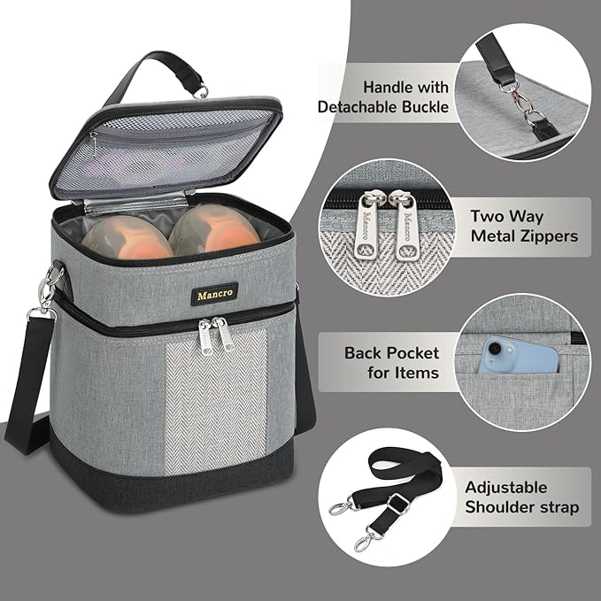 Mancro Breastmilk Cooler Bag with Ice Pack, insulated bottle bag for Daycare and Travel, Double Layer Baby Bottle Cooler Bag Fits 6 up to 9 Ounces for Nursing Moms, Light Grey