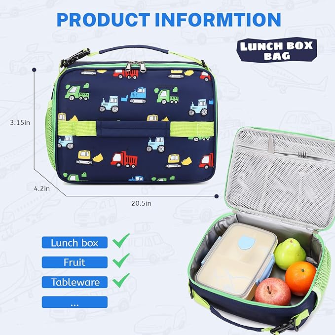 mygreen 3PCS Kids Backpack Set - Waterproof Bookbag with Lunch Box for Boys Ages 3-12, Adorable Cartoon Prints for School & Outdoor Use Blue Green Truck