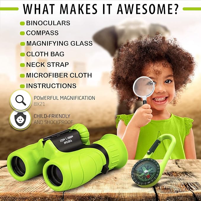 Promora Binoculars for Kids, Set with Magnifying Glass & Compass Purple - Perfect Toy for Little Boys and Girls, Kids Binoculars for 3-12 Years Boys and Girls Present for Toddler