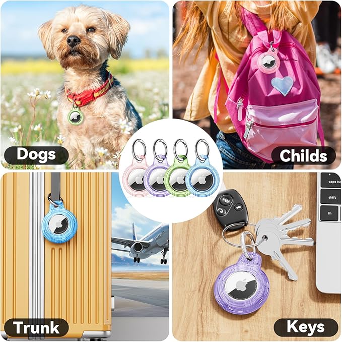 Upgrade Waterproof 4 Pack Airtags Holder with Apple Airtags Keychain, Hard PC Clear Air Tag Case, Anti-Scratch & Shock Air tag Holder, Men's Women's Keyrings & Keychains -Clear-Pink+Purple+Green+Blue