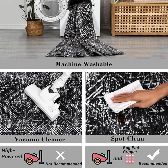 COZYLOOM Area Rug 6x9 Washable Rug for Bedroom Office Dining Room Living Room Vintage Non Slip Large Area Rug Geometric Soft Throw Low Pile Stain Resistant Carpet, Black