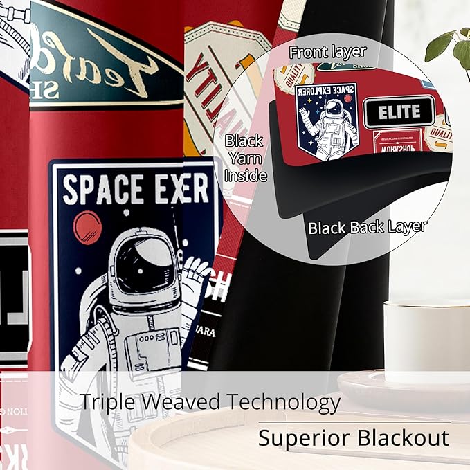 Kids Space Astronaut Blackout Curtains - 100% Blackout, Thermal Insulated, Noise Reducing, Perfect for Kids Room and Nersury, 2 Panels (Space Badge Crew, W52×L84)