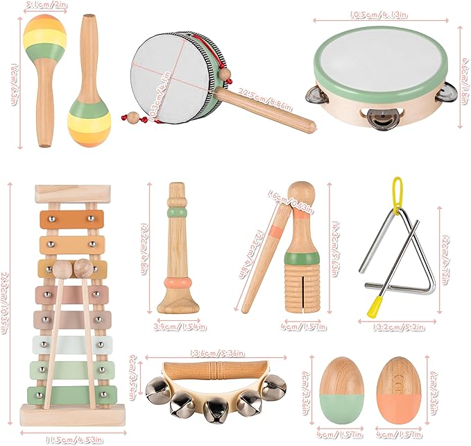 VINJOE Baby Musical Instruments-Toddler Montessori Wooden Musical Toys for Kids 1-3, Neutral Colors Percussion Instruments Set Early Learning Musical Toys for Preschool Educational Birthday Gifts
