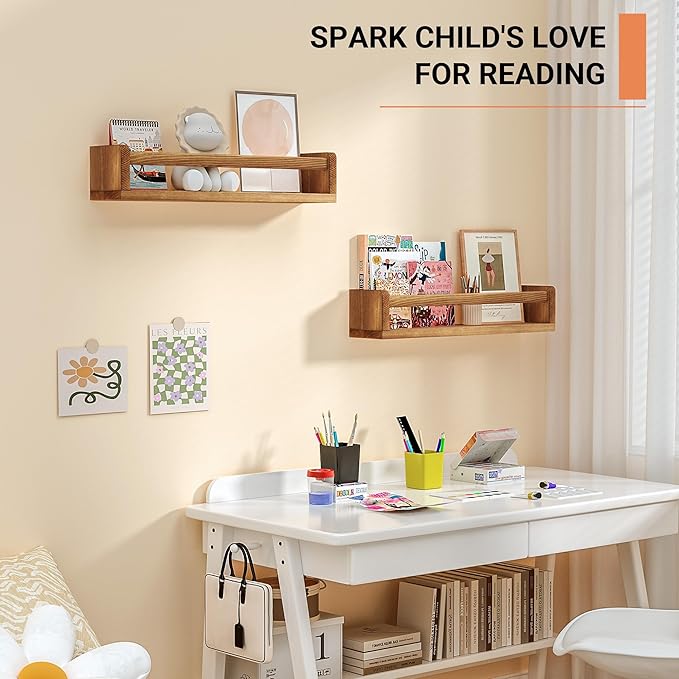 Heimlove Nursery Floating Shelves, Nursery Book Shelves for Wall, 16 inch Wall Bookshelf for Kids Solid Wood Wall Mounted Shelves for Books,Toys and Decor Storage, Set of 2