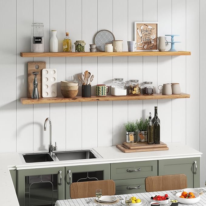 Rustic Elm Wood Floating Shelf for Wall, Live Edge 72"W x 9.2"D x 1.4"H, 1 Pack with Invisible Bracket, Large Wall Mounted Storage Shelf for Living Room Bedroom Kitchen Bathroom Decor, Natural Finish