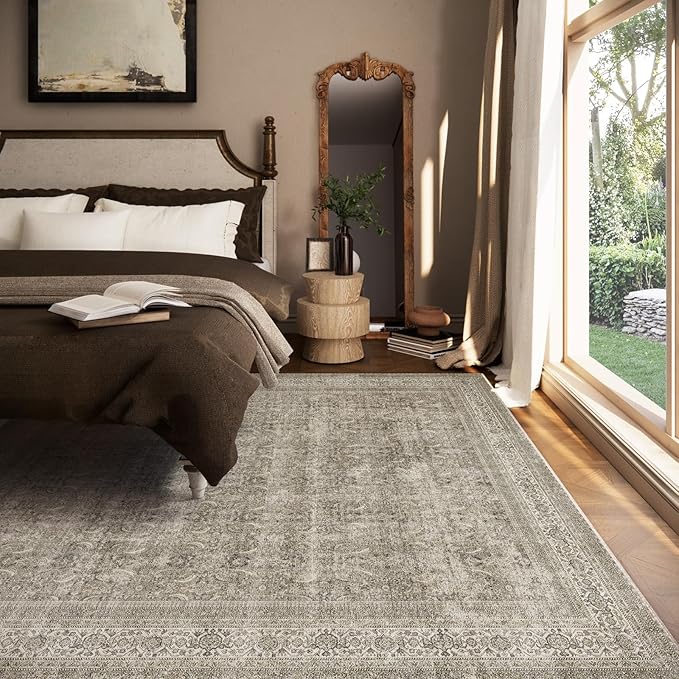 Washable Area Rugs for Living Room: 5x7 Bedroom Rug Boho Vintage Area Rug Stain Resistant Non Slip Low Pile Lightweight Soft Carpets for Dining Room Kitchen Nursery Kids Room Farmhouse