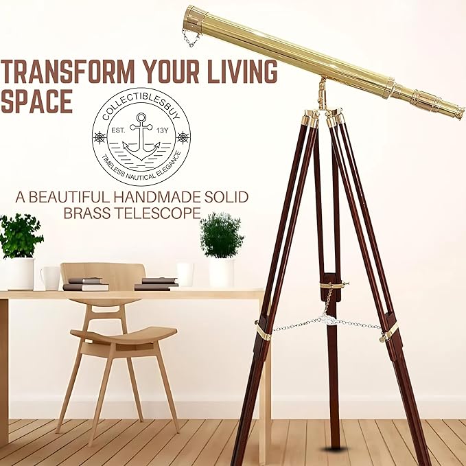 Shiny Brass Nautical Telescope with Wooden Tripod – Vintage Spyglass in Golden & Brown Finish for Home Office Decor, Collector Display & Maritime Gift