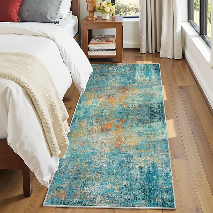 Washable Area Rugs 2'x8' Non-Slip Modern Abstract Soft for Living Room Entryway Bedroom Nursery, Print Pattern, Teal Blue Green Orange Rust Red Colorful