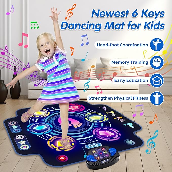 Kids Electronic Dance Pad with Light-up 6-Button & Wireless Bluetooth, Music Dance Game Mat with Built-in Music 9 Levels and 3 Modes, Birthday Gifts, Toys for Girls Ages 4-8, 8-12
