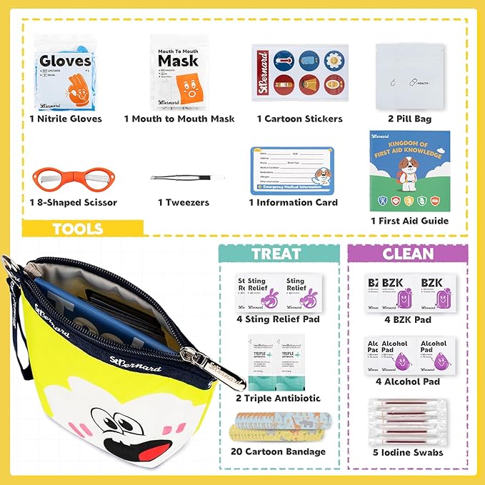 StBernard Kids First Aid Kit, EDC Mini Portable Medical Kit with Cute Bandages, Tools for Children's Daily Boo-Boos, Suits for Home, School, Camping, Hiking, Cub Scouts, Backpacking(Yellow)
