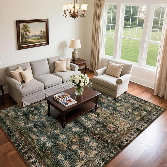 5x7 Washable Area Rug for Living Room Rustic, Non Slip Vintage Floral Bedroom Rugs Retro, Traditional Indoor Floor Carpet for Dining Room, Farmhouse, Office Classroom(Dark Green/Brown/Multi)