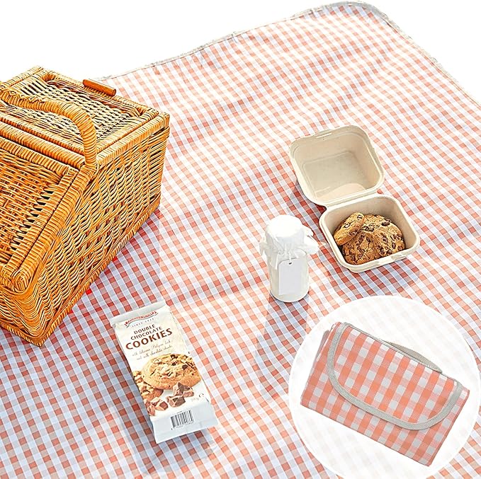 Cute Gingham Picnic Blanket, Waterproof Foldable, in Large 80x60in and Extra Large 80x80in, Portable Compact Beach Blanket, Oversized XL Outdoor Mat (Coral Pink, X-Large)