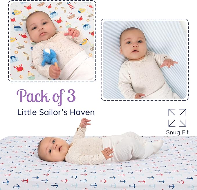 GROW WILD Nautical & Ships Baby Crib Sheets for Boys (3 Pack) - Jersey Knit Fitted Sheet (52" x 28"), Toddler Bedding Set & Baby Boy Crib Bedding Set, Anchors and Ships with Stripes