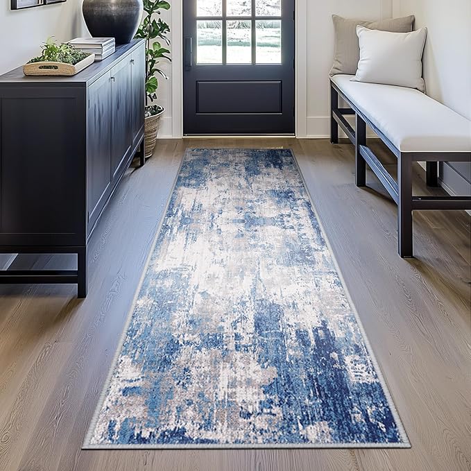 Washable Area Rugs 2'x10' Non-Slip Modern Abstract Soft for Living Room Entryway Bedroom Nursery, Print Pattern, Blue Grey Navy Gray