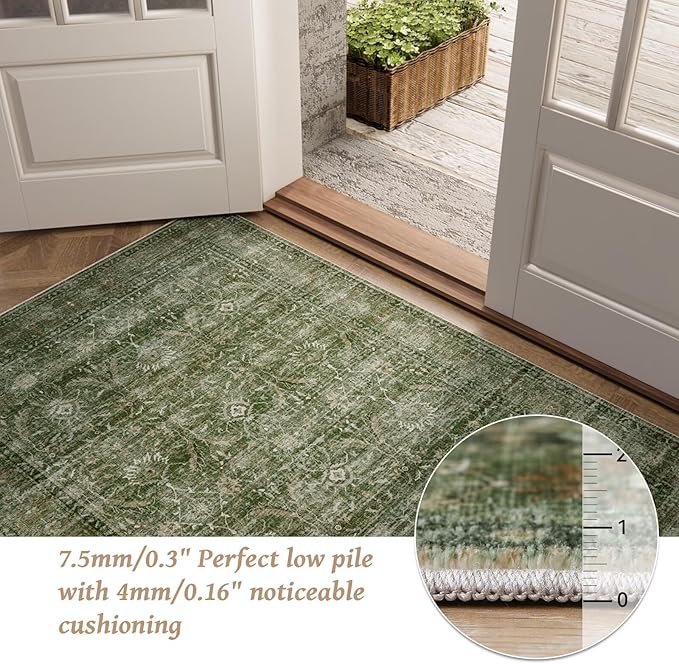 Washable 10x14 Area Rugs for Living Room, Boho Non-Slip Silicone Backing Rugs for Bedroom Dining Room Office, 0.3" Neutral Oriental Throw Carpet with 0.16" Cushioning Pad, Grass Green/Multi
