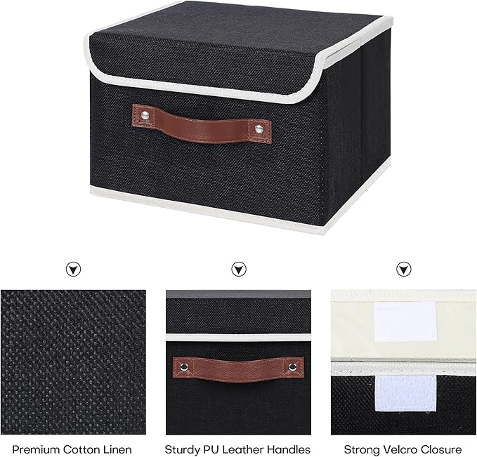 ANMINY Storage Bin with Lid Storage Boxes with PU Leather Handles PP Plastic Board Decorative Foldable Lidded Cotton Linen Fabric Home Cubes Baskets Closet Organizer Container - Black, Small Size