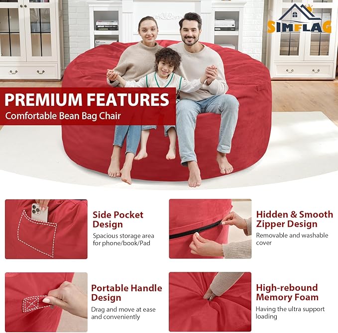 5FT Bean Bag Chair, Large Bean Bag Chairs with Memory Foam Filled, Fluffy Beanbag Sofa with Dutch Velvet Cover, Round BeanBag Chairs for Living Room, Playroom - Red