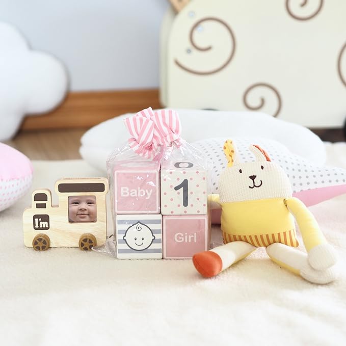 I'm Solid Wood Monthly Weekly Yearly Milestone Age Blocks, Newborn Gifts & Keepsakes for Picture Props (4 Pcs/Pink)